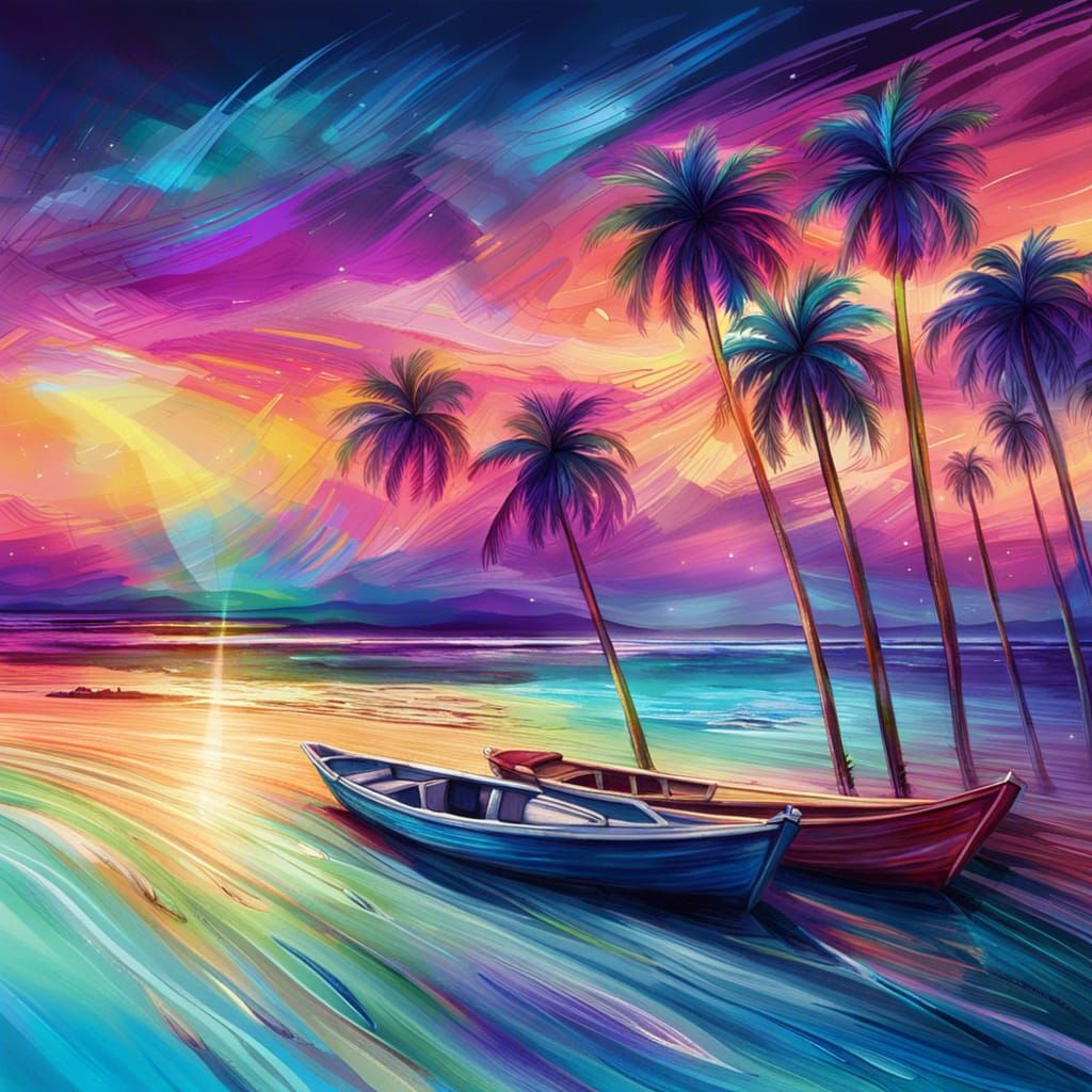 Cosmic Beach Scene with Aurora, in Psychedelic Style