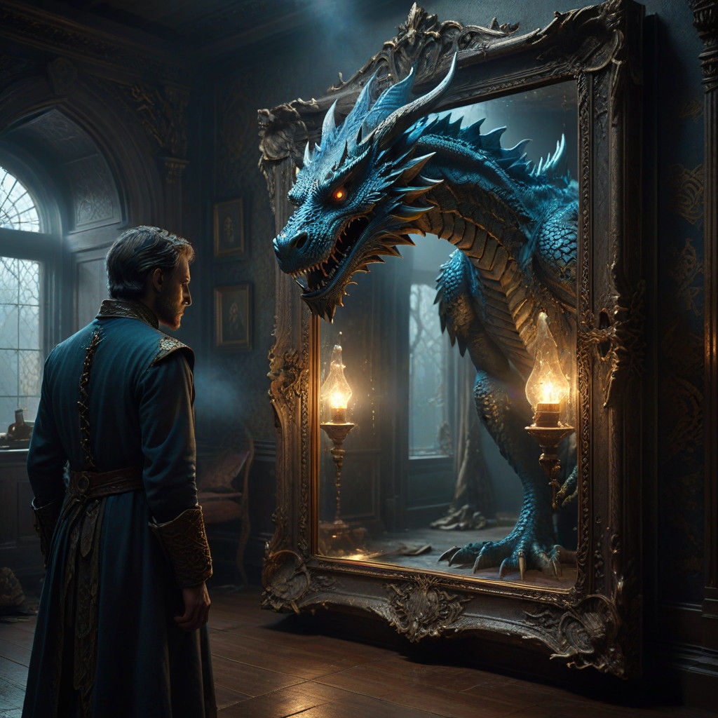 A Man Encounters a Majestic Dragon in the Mirror