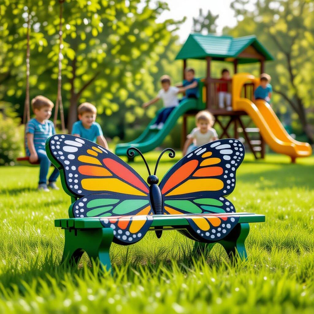 Butterfly Bench in Lush Garden with Playful Children