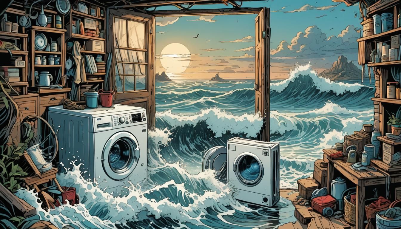 Washing Machine Overflowing with Sea, Comic Book Art