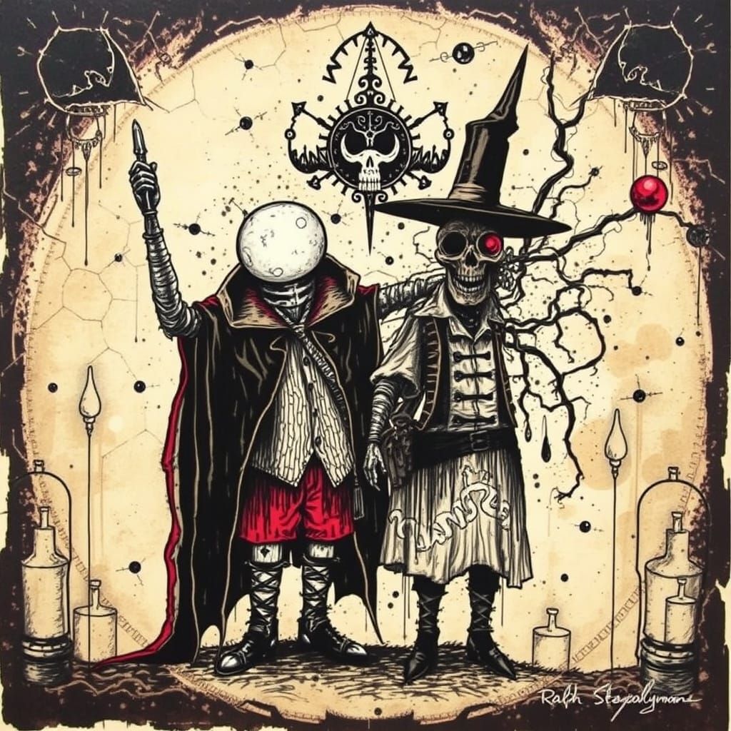 Chaotic Steampunk Scene in Gonzo Illustration Style