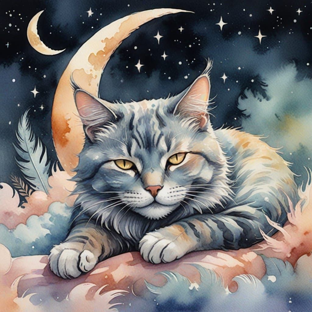 Dreamy Cat on Moon in Surreal Watercolor Style
