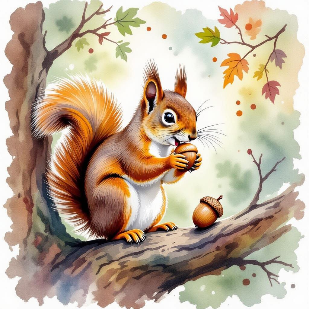 Squirrel Eating Acorn in Watercolor Style