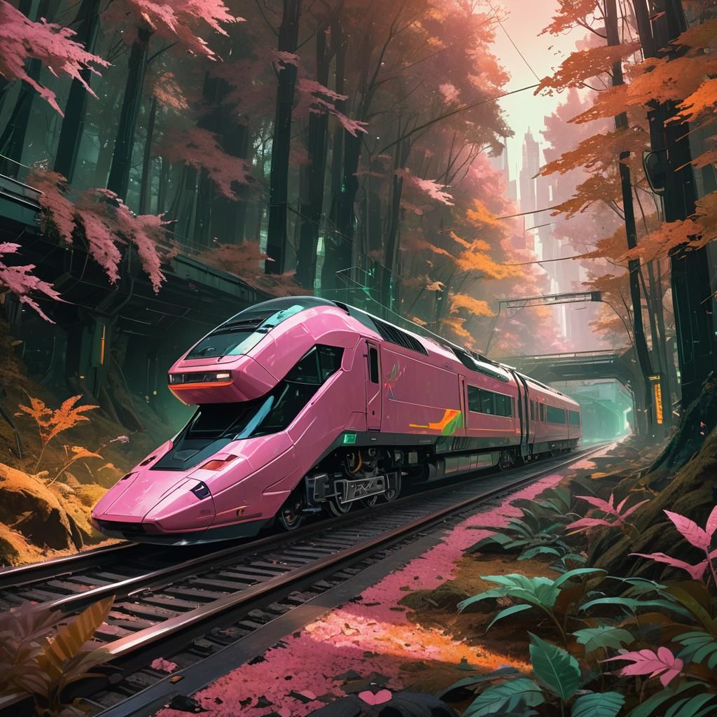 Luminous Pink Cyberpunk Train Races Through Forest