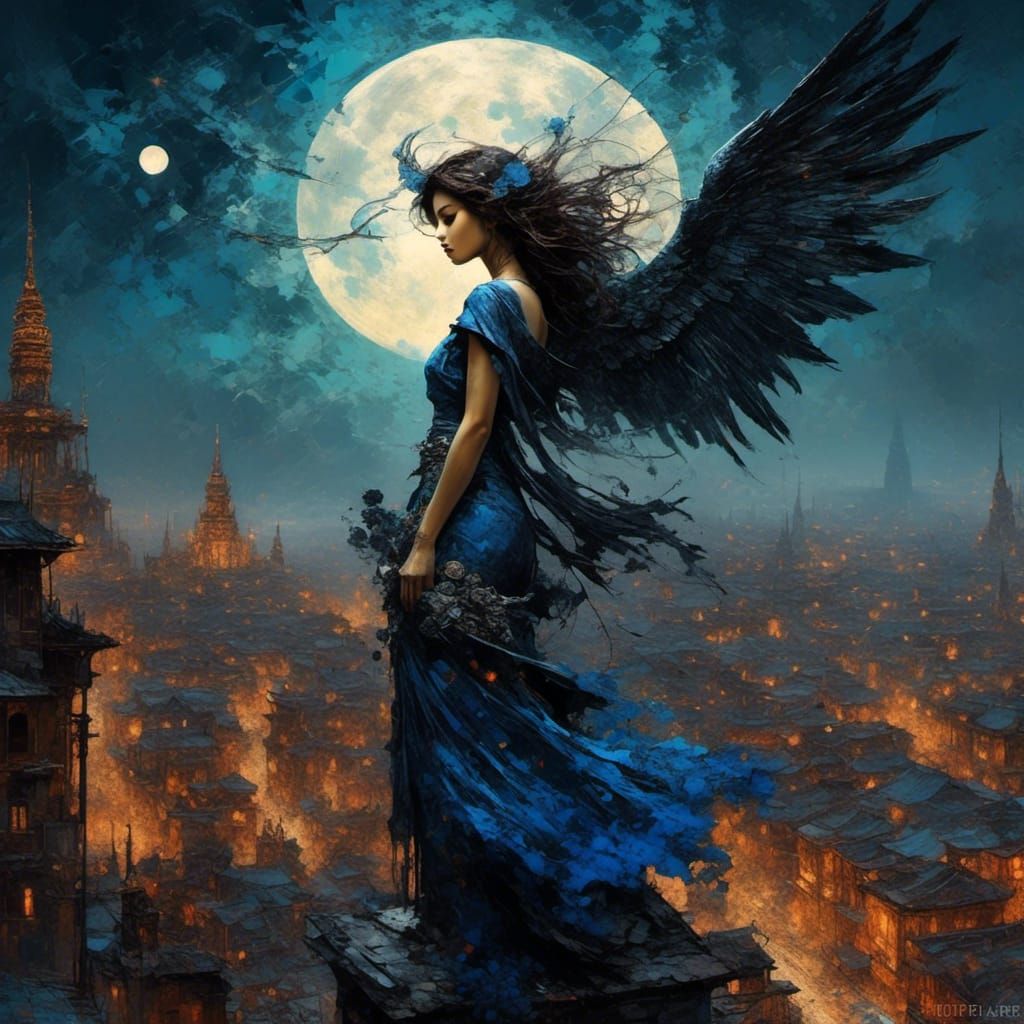 Dark Angel Staring at Moonlit Rooftop