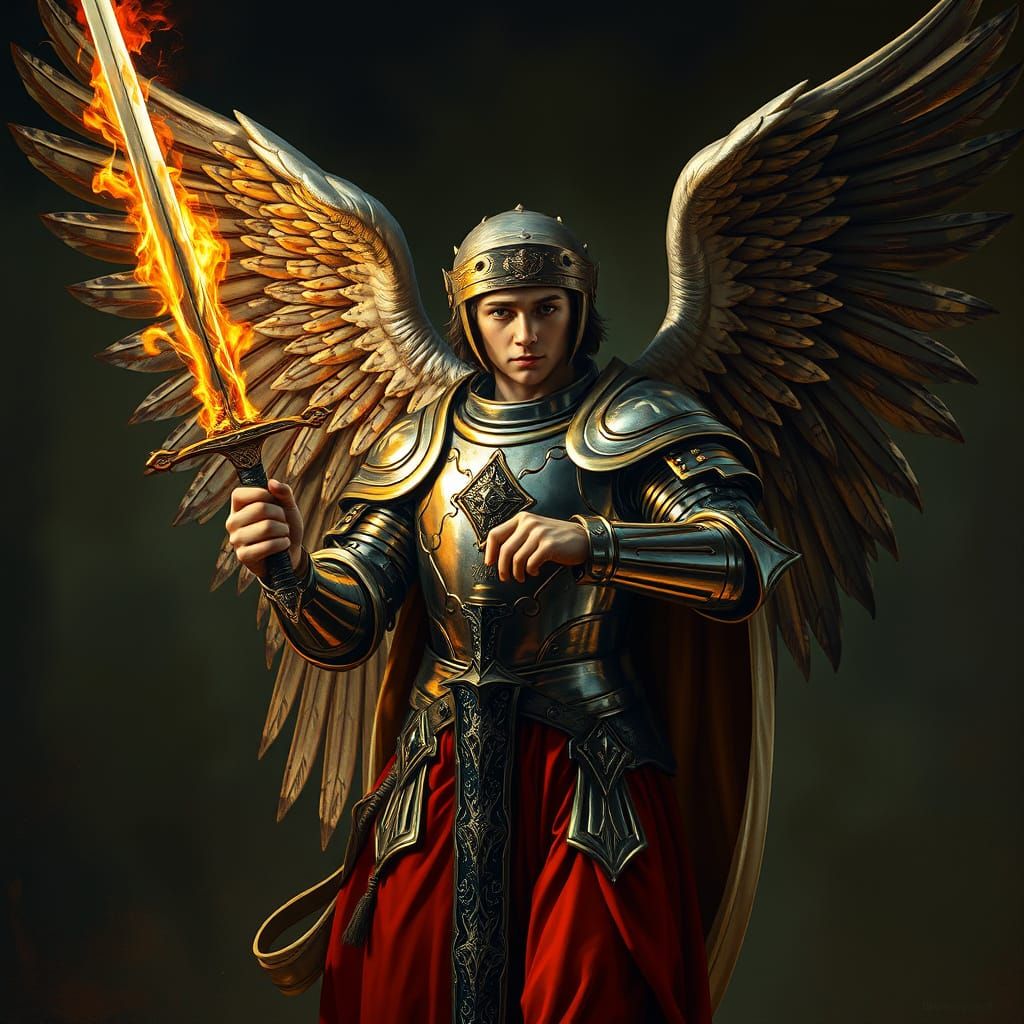 Majestic Angel in Renaissance Armor Descends from the Heaven...