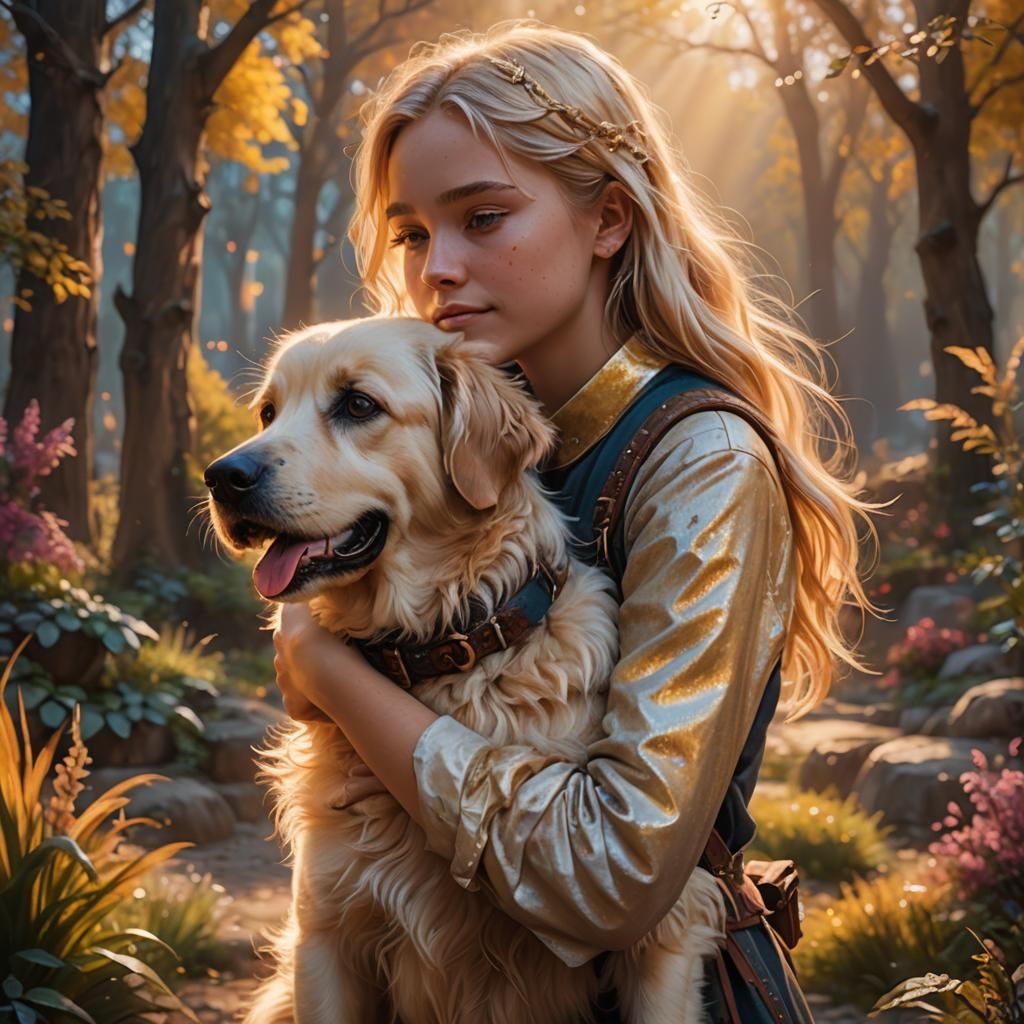 Young Blonde Girl Hugging Dog in Matte Painting