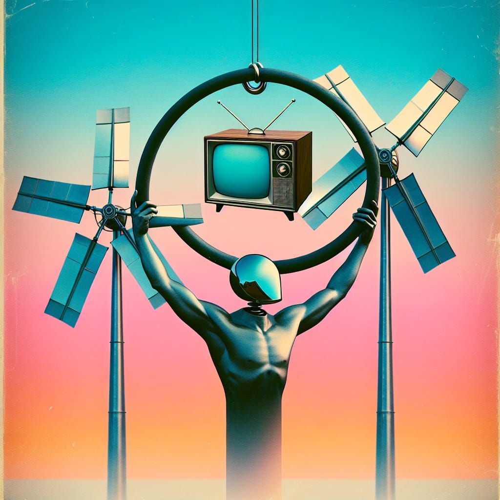 Surreal TV Head Figure Swinging Above Pinwheels