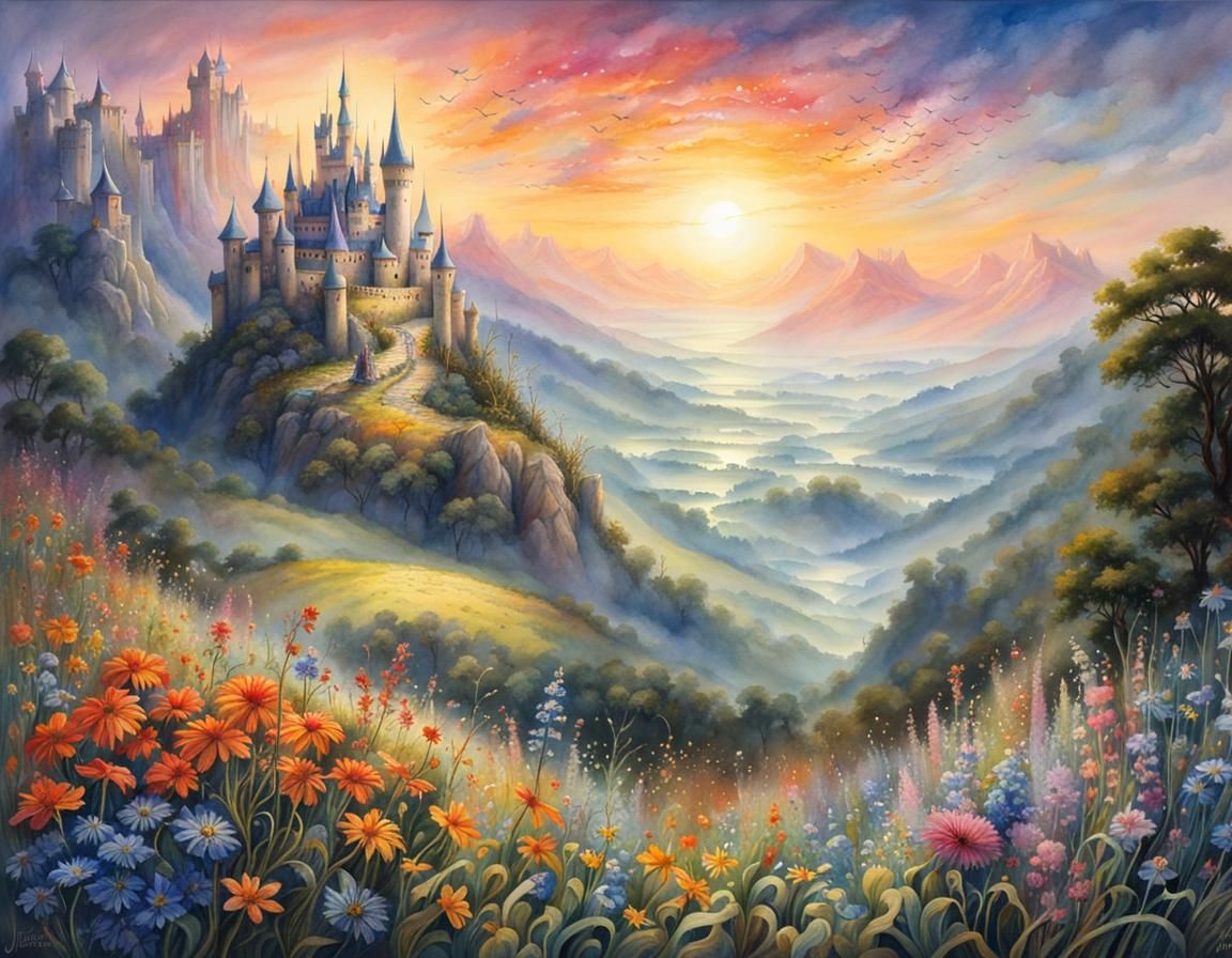 Fantasy Castle Dreamscape in Watercolor Style