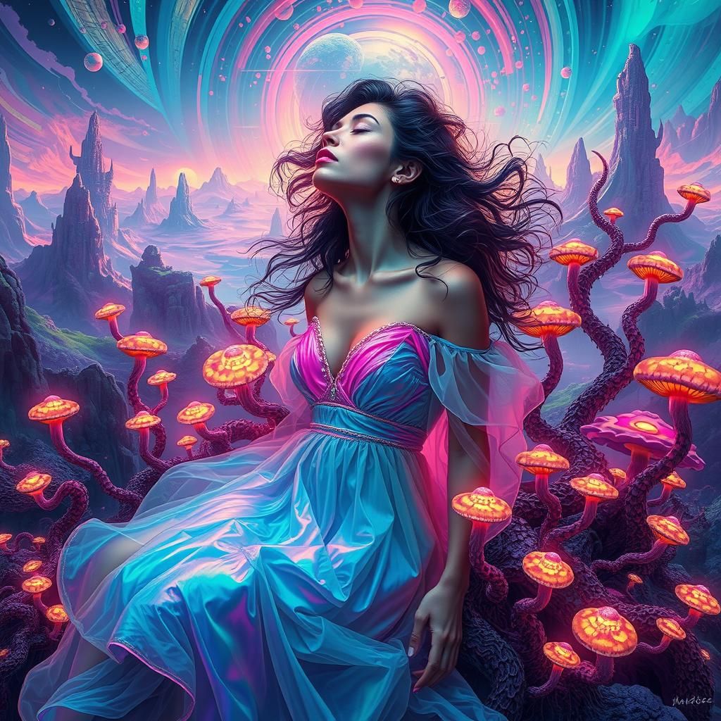 Psychedelic Woman in Dreamlike Sci-Fi Landscape