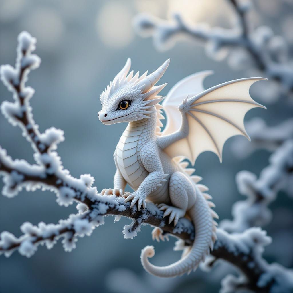Detailed Tiny White Dragon on Frosted Branch