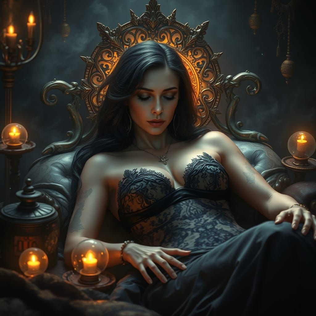 Hyperrealistic Dark Fantasy Queen in Luxurious Slumber
