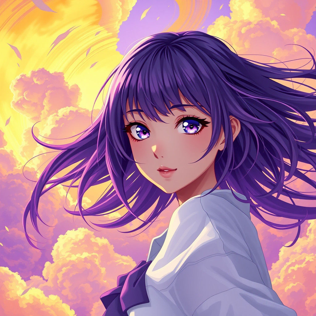 Anime Girl with Purple Hair and Fantasy Sky
