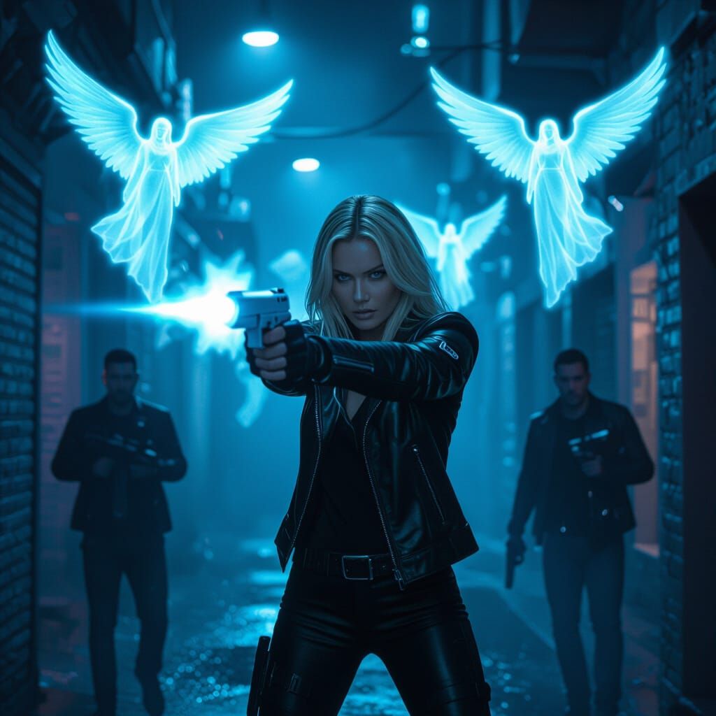 Cyberpunk Angel Agent in Neon Blue Alley