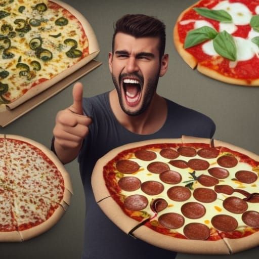 Happy Man Gesturing Surrounded by Pizzas in HD