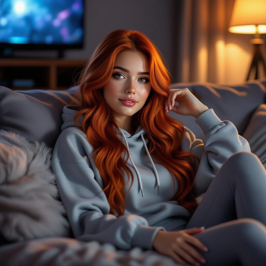 Woman with Red Hair Relaxing on Sofa