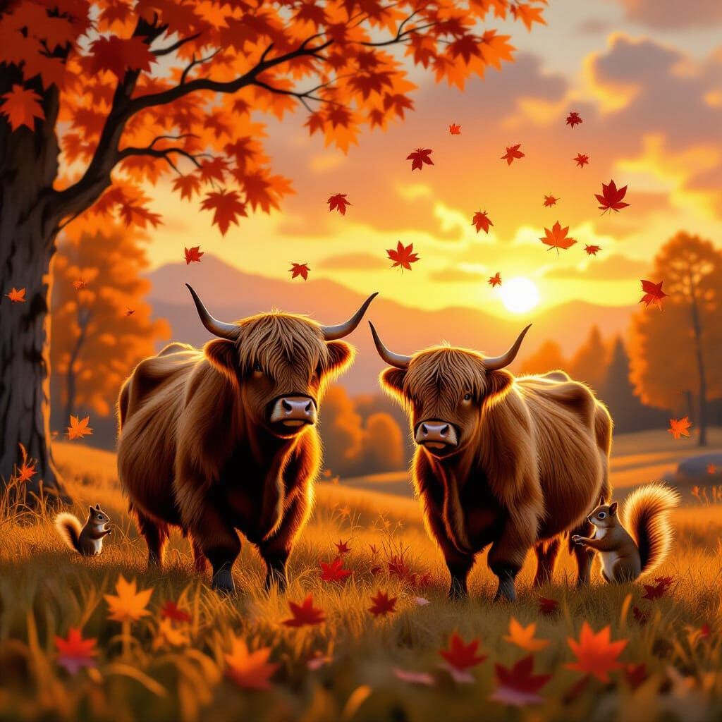 Highland Cows in Golden Hour Autumn Sunset Landscape