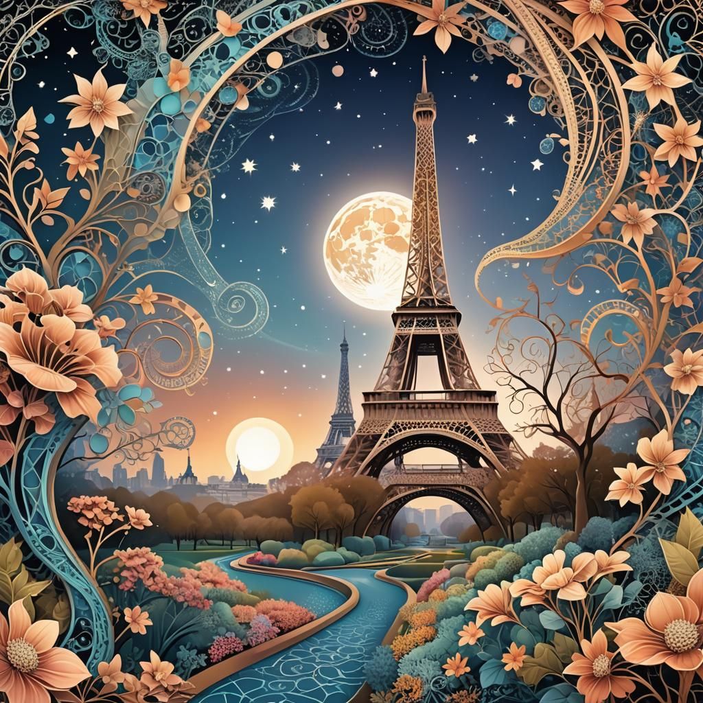 Eiffel Tower and Floral Path in Fractal Style