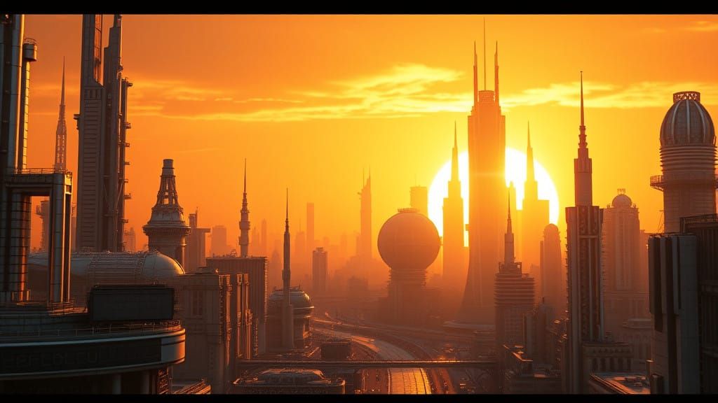 Epic Futuristic Cityscape in Metallic Silver and Orange Hues