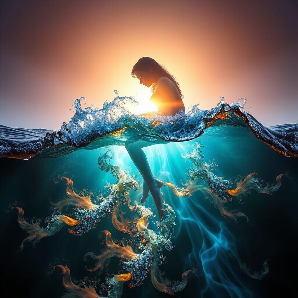 Surrealist Birth of Venus with Ocean Waves and Radiant Color...