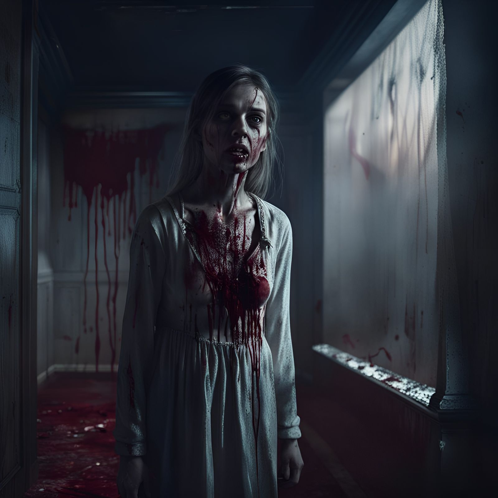 Ghostly Girl in Abandoned Hotel: Dark Fantasy Portrait