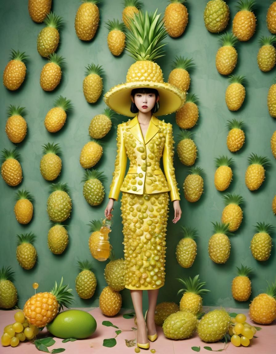 Woman in Pineapple Suit with Avocado Walls