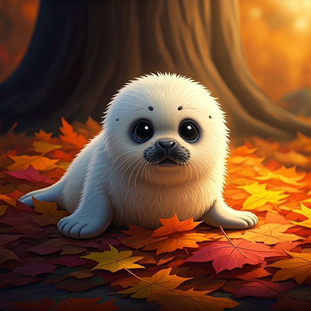 Cute Seal Plays in Autumn Leaves Disney Style