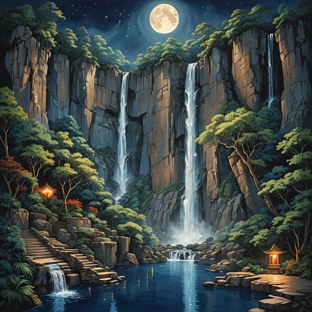 Majestic Waterfall Temple Under Moonlight Gouache Landscape