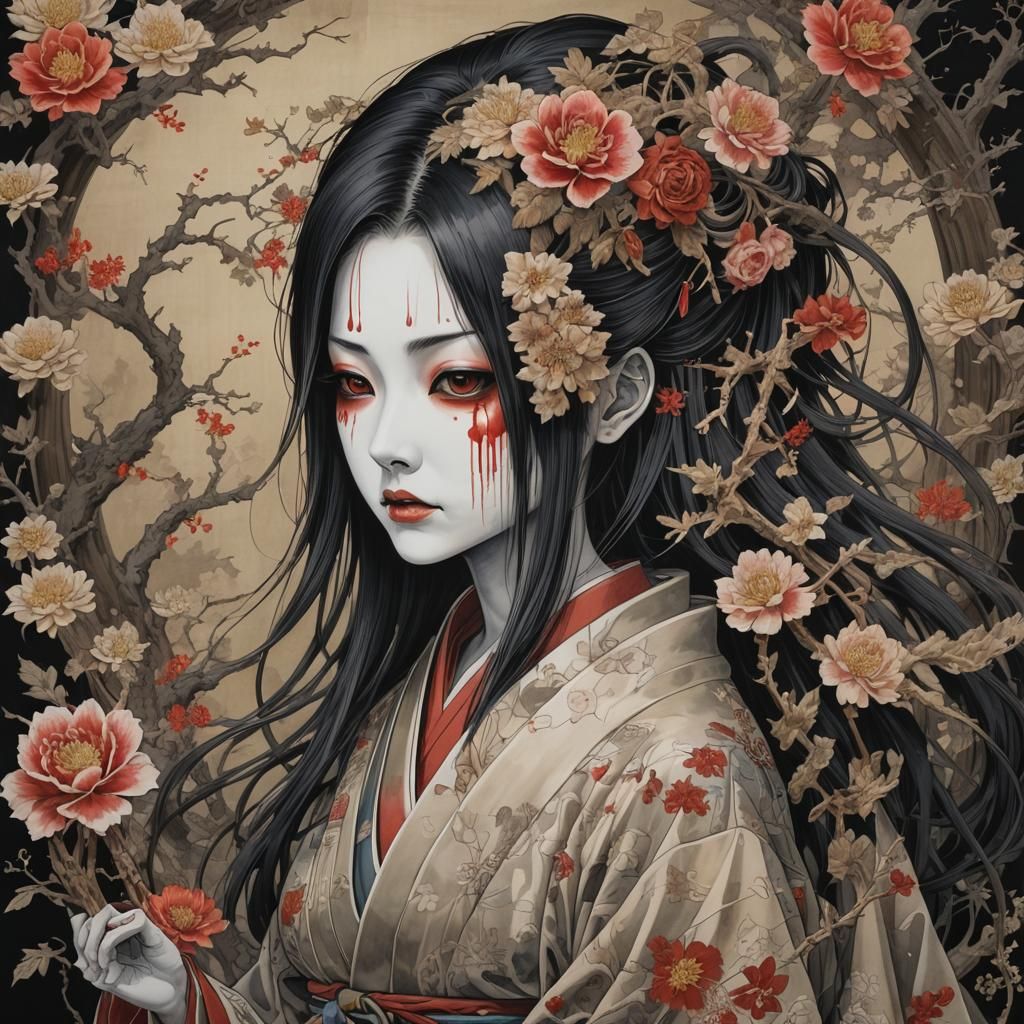 Ethereal Japanese Kuchisake-onna Masterpiece Painting