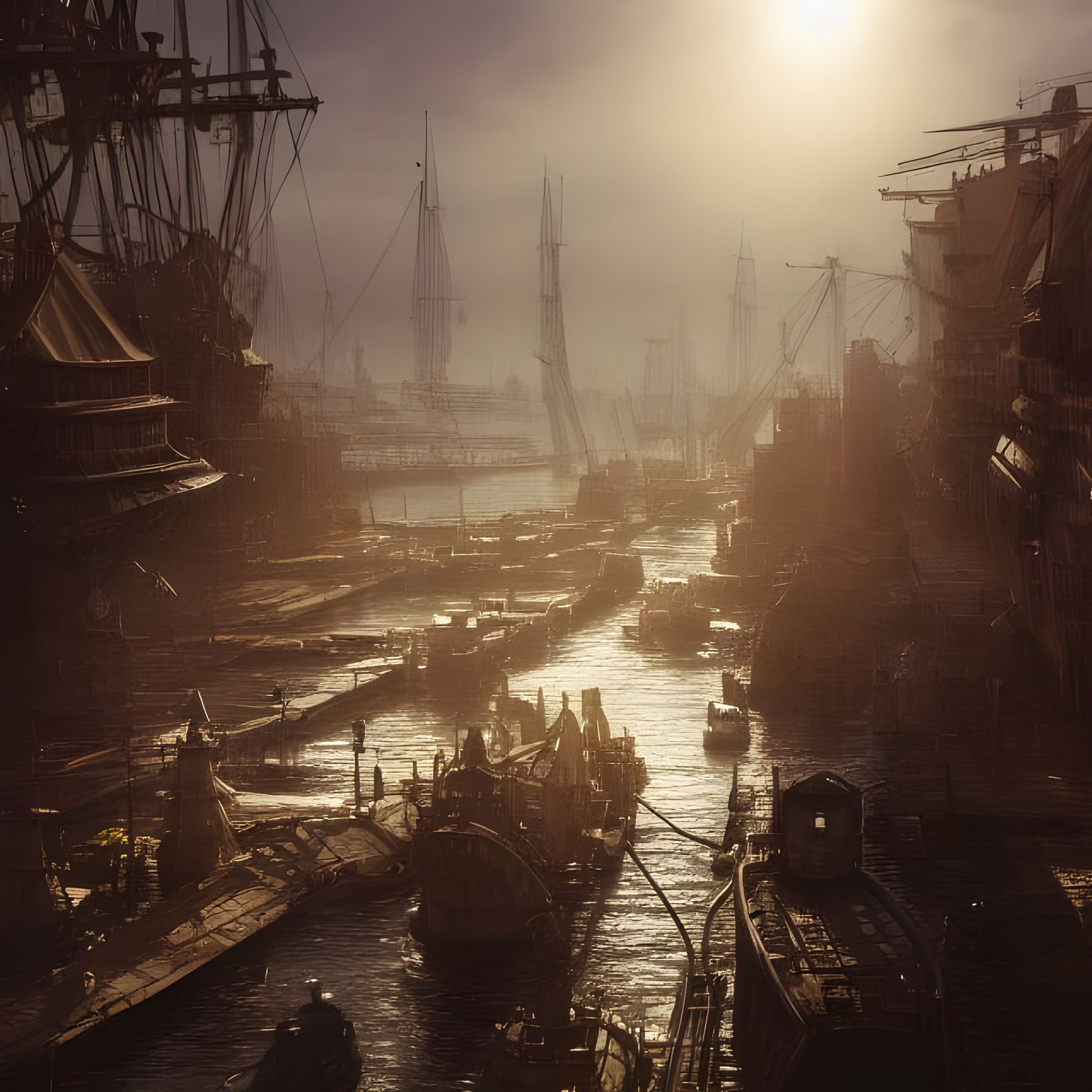 Sunlit Steampunk Dockyards: Hyperrealistic Photograph