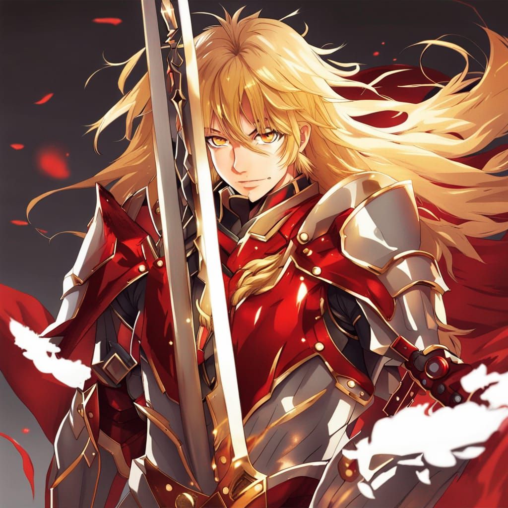 Anime Boy with Golden Hair and Red Armor