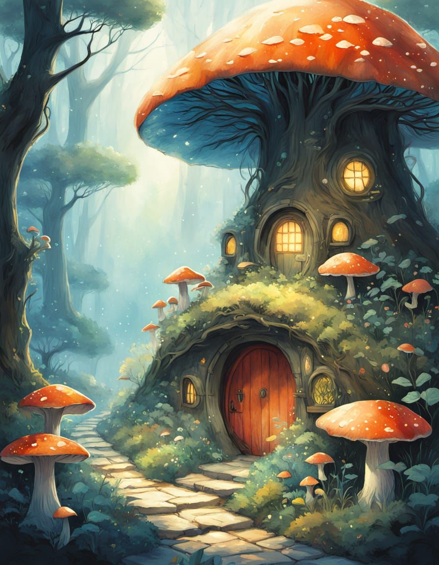 Hobbit Hole in Bioluminescent Mushroom Forest
