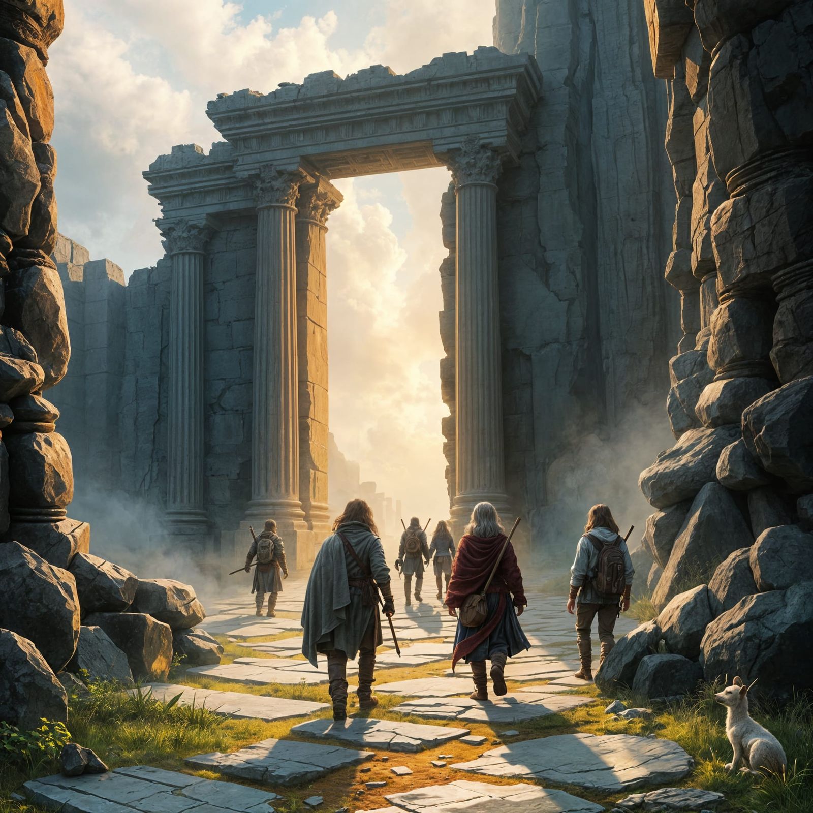 Adventurers Traverse a Ruined Temple in Morning Mist