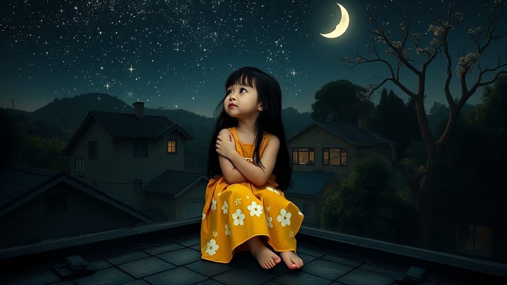 Little Girl Under Starry Rooftop Skies