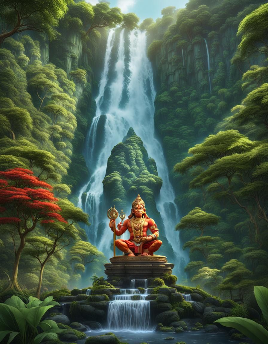 Hanuman Statue by Waterfall: Fantasy Concept Art