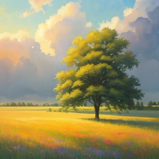 Gouache Painting of Meadow Grass in Sunlight