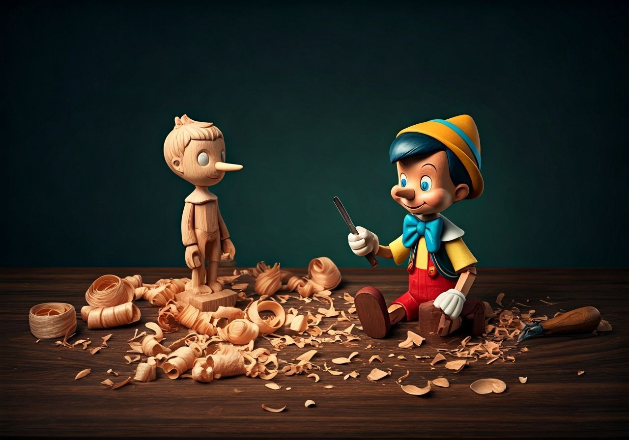 Pinocchio Carving Statue in Whimsical Dark Art Style