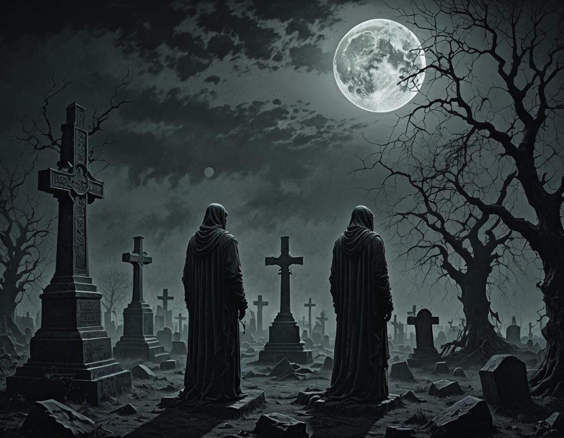 Sorrowful Figure in Graveyard: A Dramatic Digital Painting