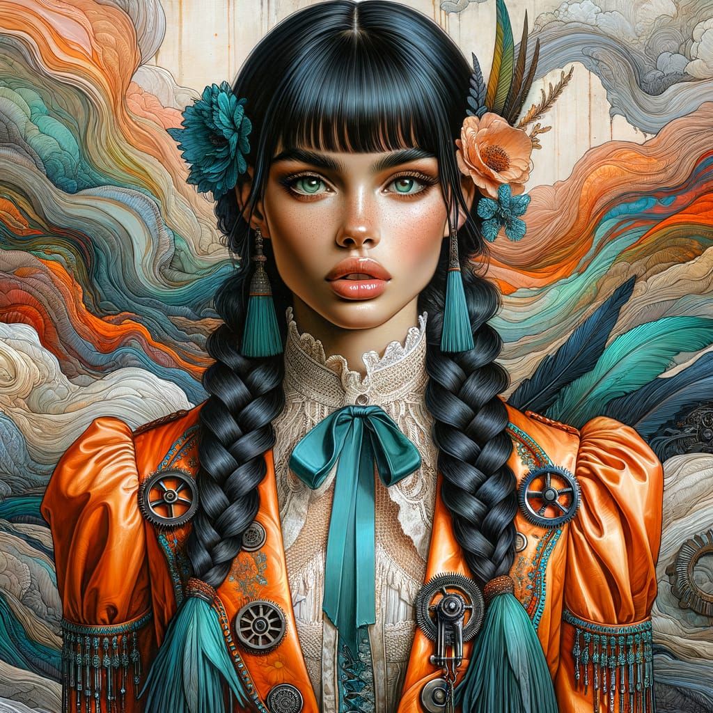 A beautiful young woman with braided jet black hair and bangs, piercing blue-green eyes, and pearly skin, wears a vibran...