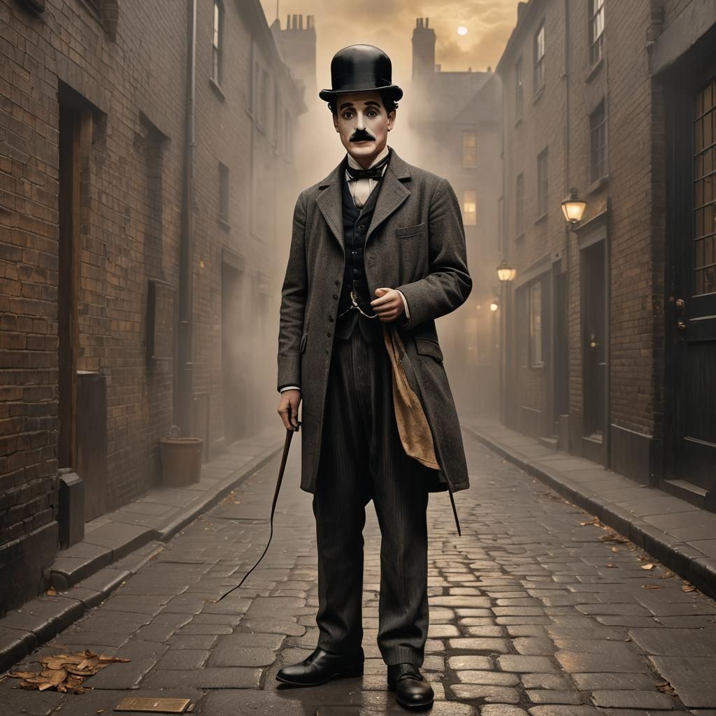 Charlie Chaplin Cutout in Foggy London Alley
