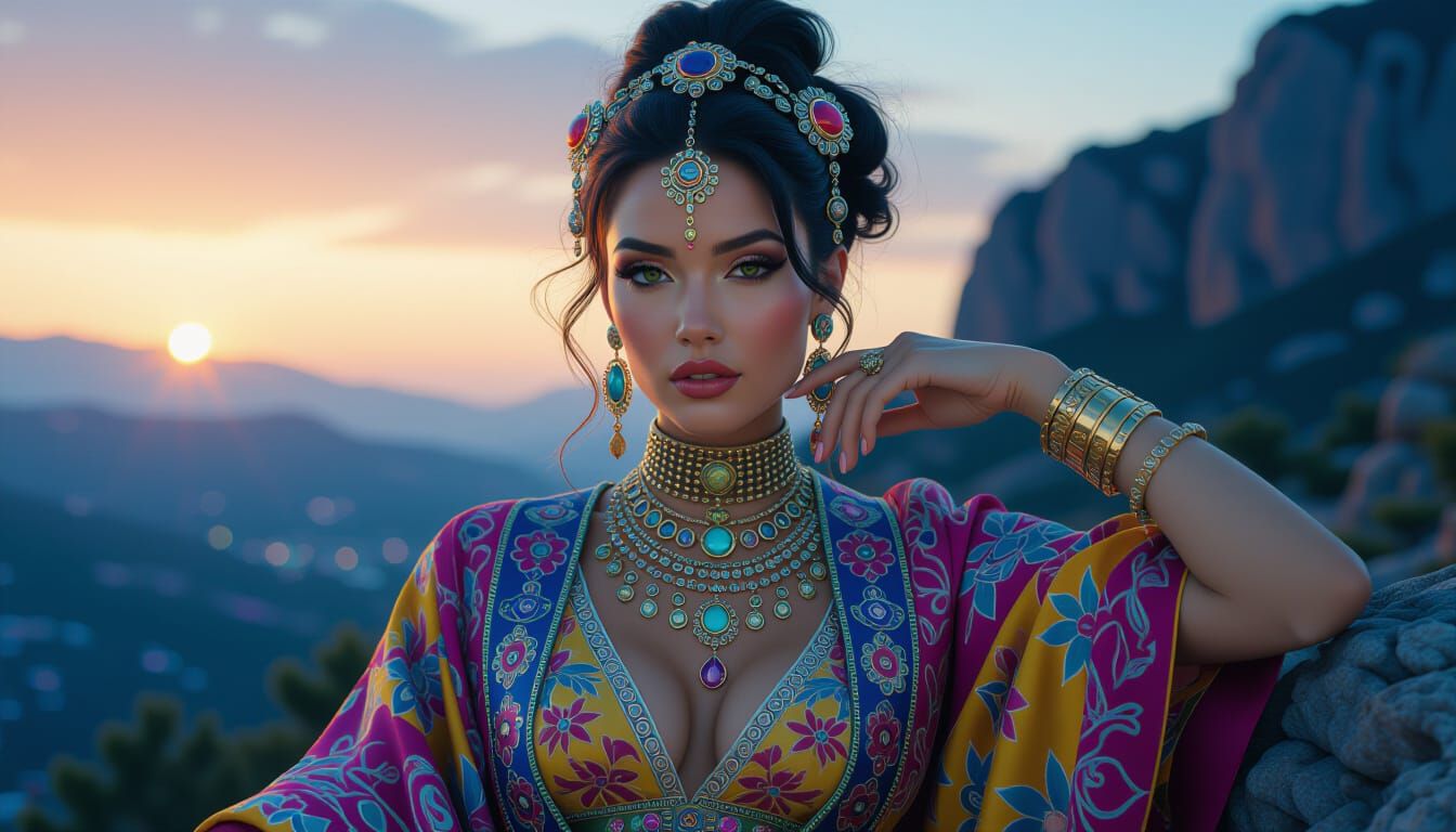 Ornate Woman in Cyberpunk Landscape, Professional Photograph...