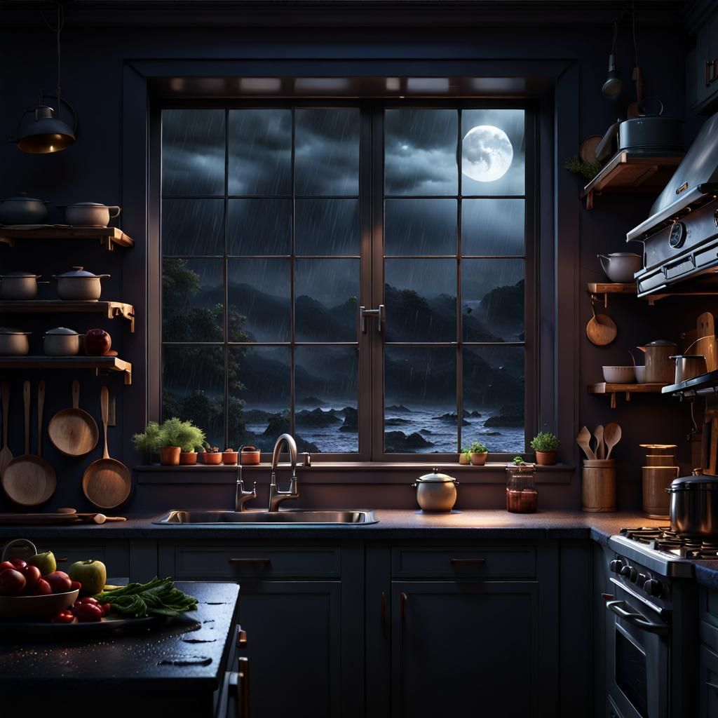 Dark Rainy Night Kitchen: Fantasy Concept Art