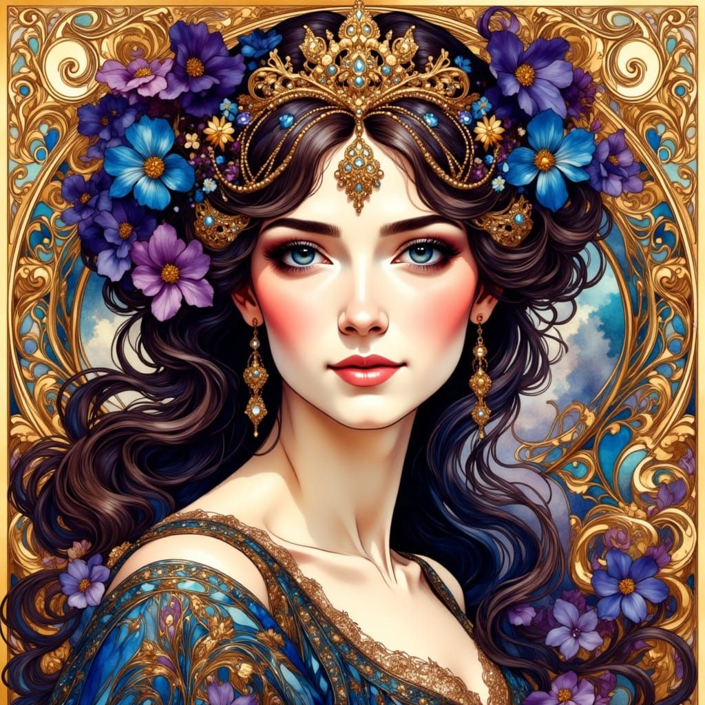 Regal Woman Portrait in Art Nouveau Style with Gold Foil