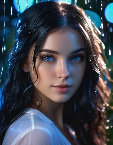 Beautiful Girl in Magical Forest with Rain