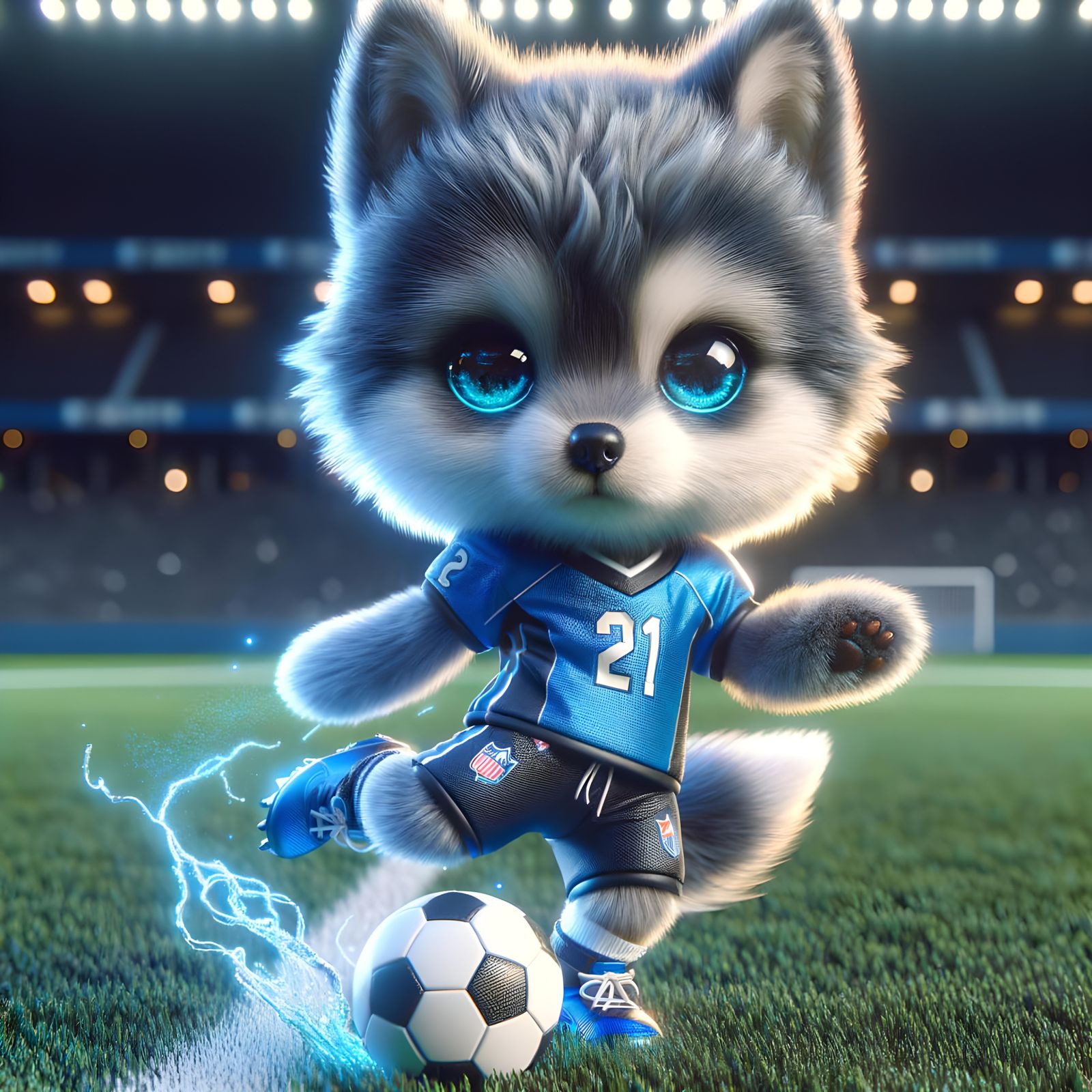 Hyper-Realistic Chibi Wolf Kicking Football