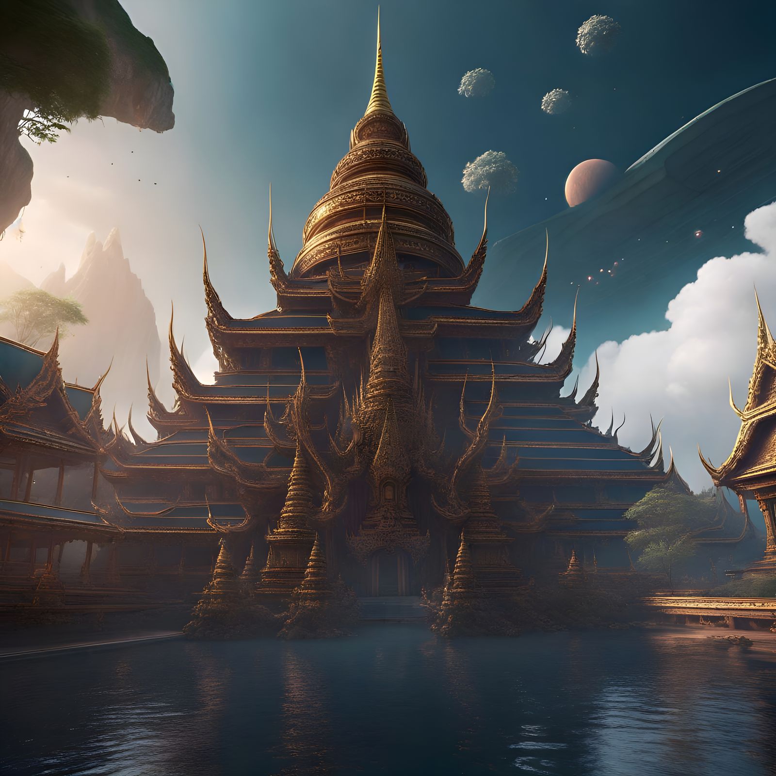Spaceship and Thai Temple: Fantastical Digital Art