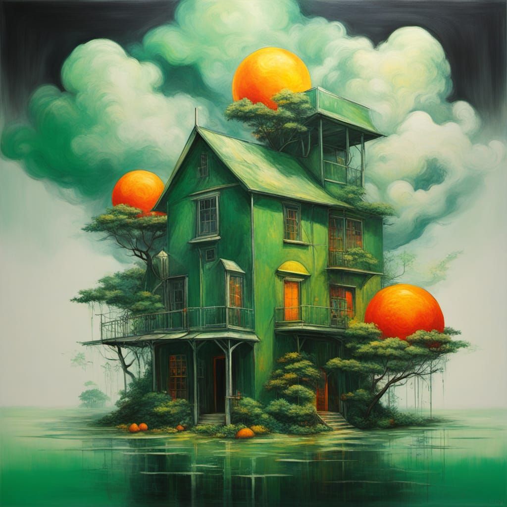 Surreal Cyberpunk Painting of a Vermilion Green House