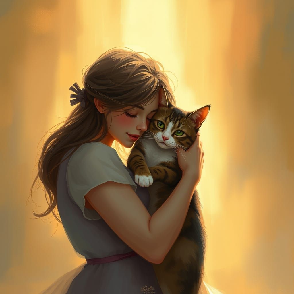 Woman Tenderly Embracing Cat in Dreamy, Whimsical Style