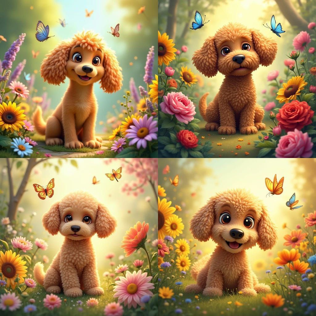 3D illustration of an adorable fluffy doodle dog sitting in a beautiful garden filled with colorful flowers and butterfl...