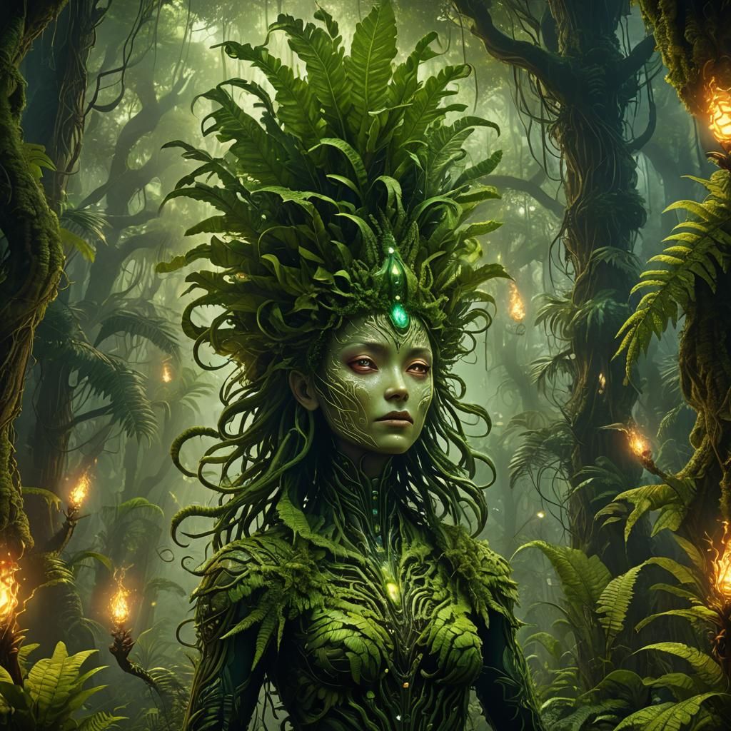 Green Fire Spirit Merges with Biomechanical Fern